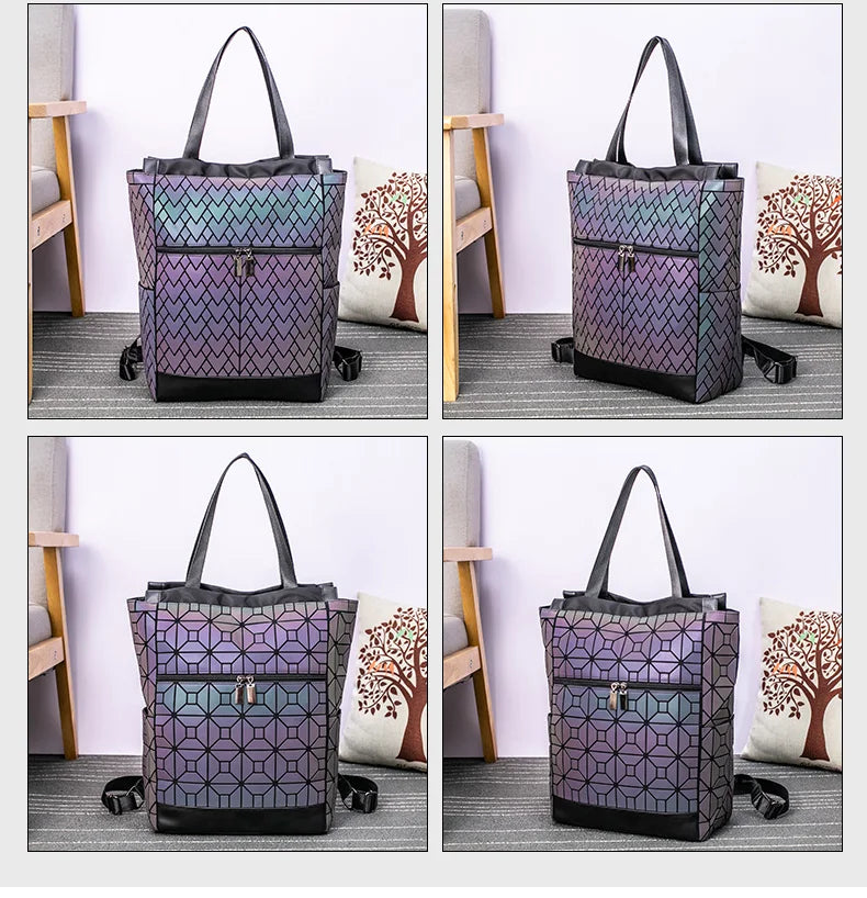 Mochila Holográfica Luminosa 15 Polegadas - Geométrica Premium Feminina