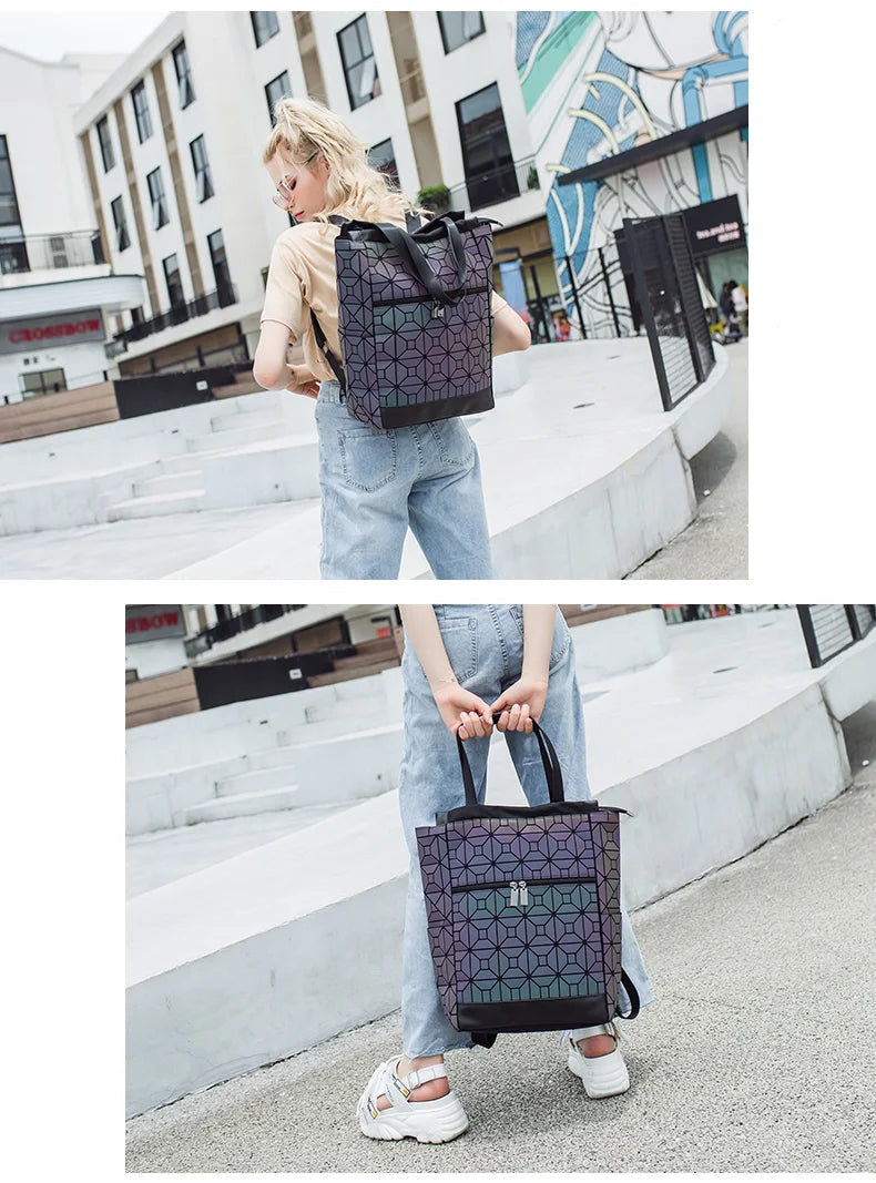 Mochila Holográfica Luminosa 15 Polegadas - Geométrica Premium Feminina