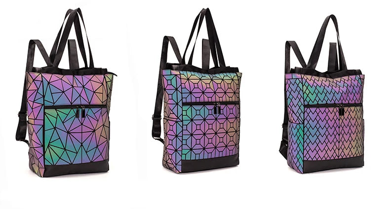 Mochila Holográfica Luminosa 15 Polegadas - Geométrica Premium Feminina