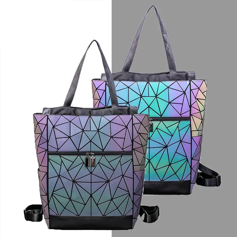 Mochila Holográfica Luminosa 15 Polegadas - Geométrica Premium Feminina