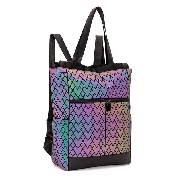 Mochila Holográfica Luminosa 15 Polegadas - Geométrica Premium Feminina
